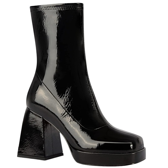 Ann Creek Shoes - Ann Creek Patent Block Heel Square Toe Platform Stretch Shaft Ankle Boots
